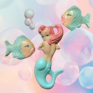 Retro Chalkware Mermaid + Bubbles - + Fish  COMPLETE SET